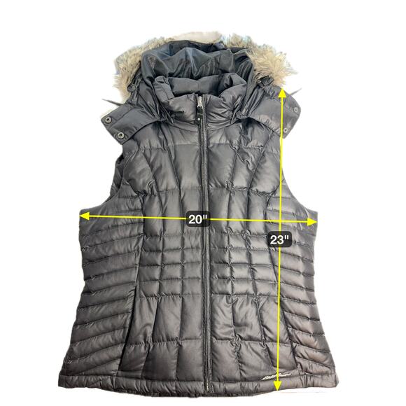 Eddie Bauer Black Faux Fur Trim Hood Goose Down Puffer Vest Womens Size Large L - Picture 8 of 12
